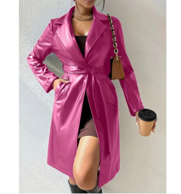 Women's Slim Fit Leather Trench Coat with Lapel Collar and Pockets