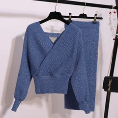 Off-Shoulder V-Neck Knit Top and Bodycon Skirt Set