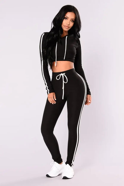 Navel-Cut Hooded Top with Long Pants Sports Set