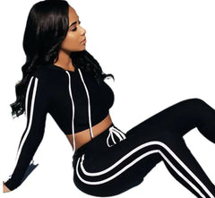 Navel-Cut Hooded Top with Long Pants Sports Set
