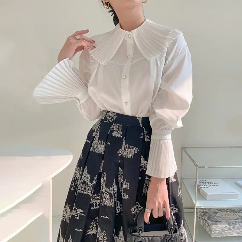 Pleated Large Lapel Single-Breasted Flared Sleeve Shirt