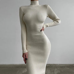 High Neck Ribbed Knit Dress for Women - Autumn/Winter 2022