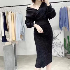 Off-Shoulder V-Neck Knit Top and Bodycon Skirt Set