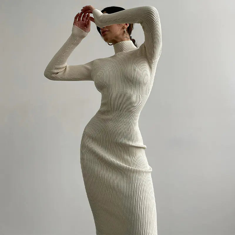 High Neck Ribbed Knit Dress for Women - Autumn/Winter 2022