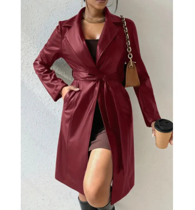 Women's Slim Fit Leather Trench Coat with Lapel Collar and Pockets
