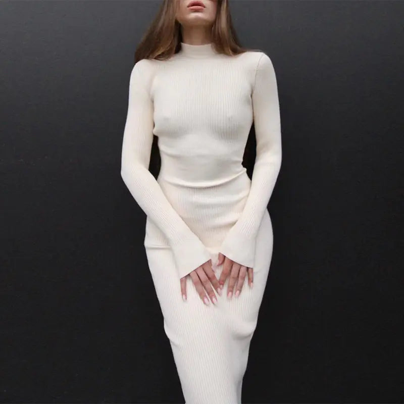 High Neck Ribbed Knit Dress for Women - Autumn/Winter 2022