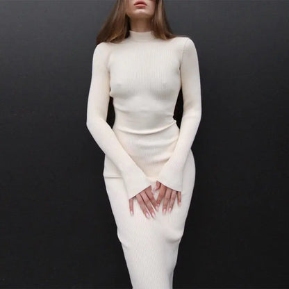High Neck Ribbed Knit Dress for Women - Autumn/Winter 2022