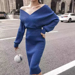 Off-Shoulder V-Neck Knit Top and Bodycon Skirt Set