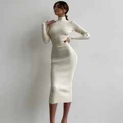 High Neck Ribbed Knit Dress for Women - Autumn/Winter 2022