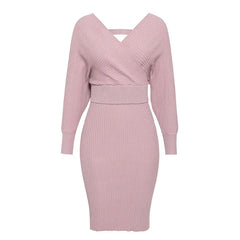 Off-Shoulder V-Neck Knit Top and Bodycon Skirt Set