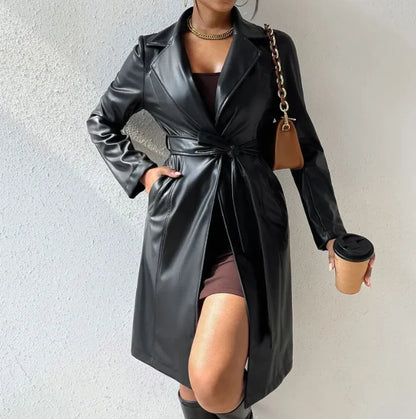 Women's Slim Fit Leather Trench Coat with Lapel Collar and Pockets