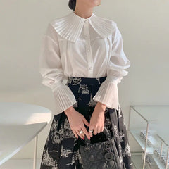 Pleated Large Lapel Single-Breasted Flared Sleeve Shirt