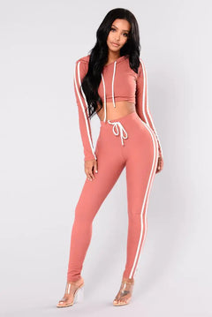 Navel-Cut Hooded Top with Long Pants Sports Set
