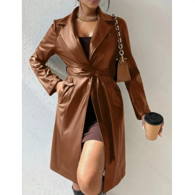Women's Slim Fit Leather Trench Coat with Lapel Collar and Pockets
