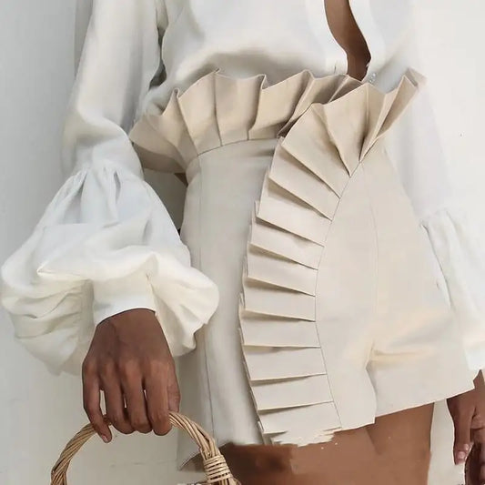 Pantalones Cortos Plisados de Encaje de Cintura Alta para Mujeres